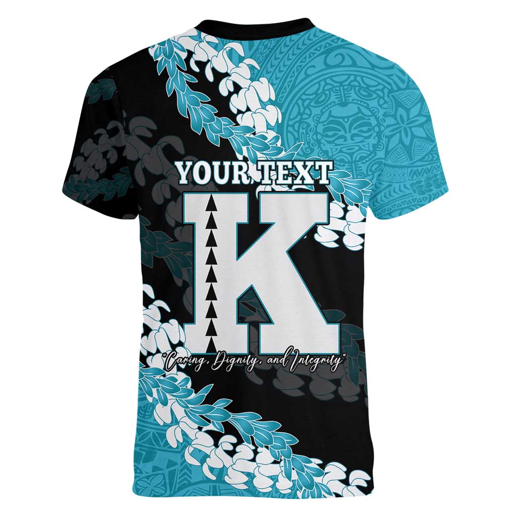 Personalized Kapolei Hawaii High School Women V-Neck T-Shirt Puakenikeni Lei Hawaiian Pattern - Polynesian Pride