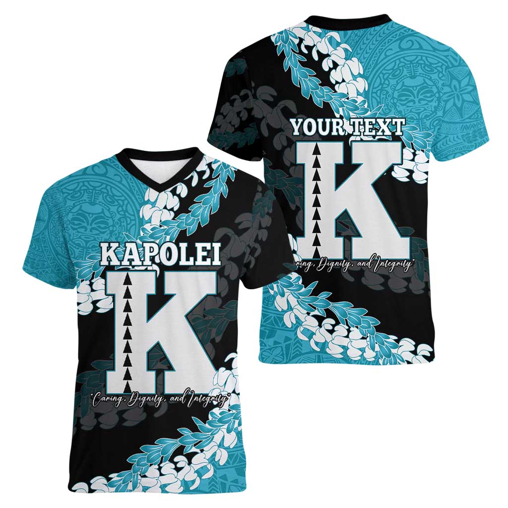 Personalized Kapolei Hawaii High School Women V-Neck T-Shirt Puakenikeni Lei Hawaiian Pattern - Polynesian Pride