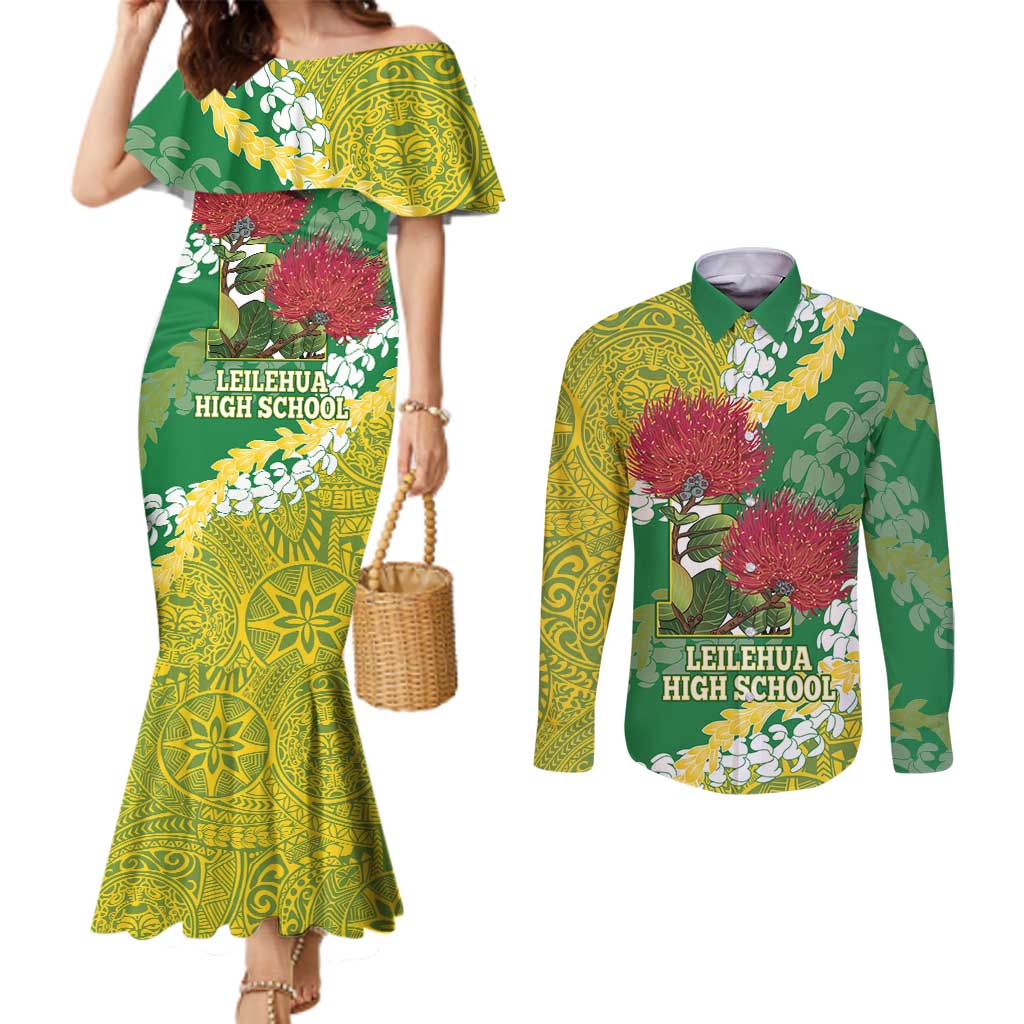 Personalized Leilehua Hawaii High School Couples Matching Mermaid Dress and Long Sleeve Button Shirt Puakenikeni Lei Hawaiian Pattern - Polynesian Pride