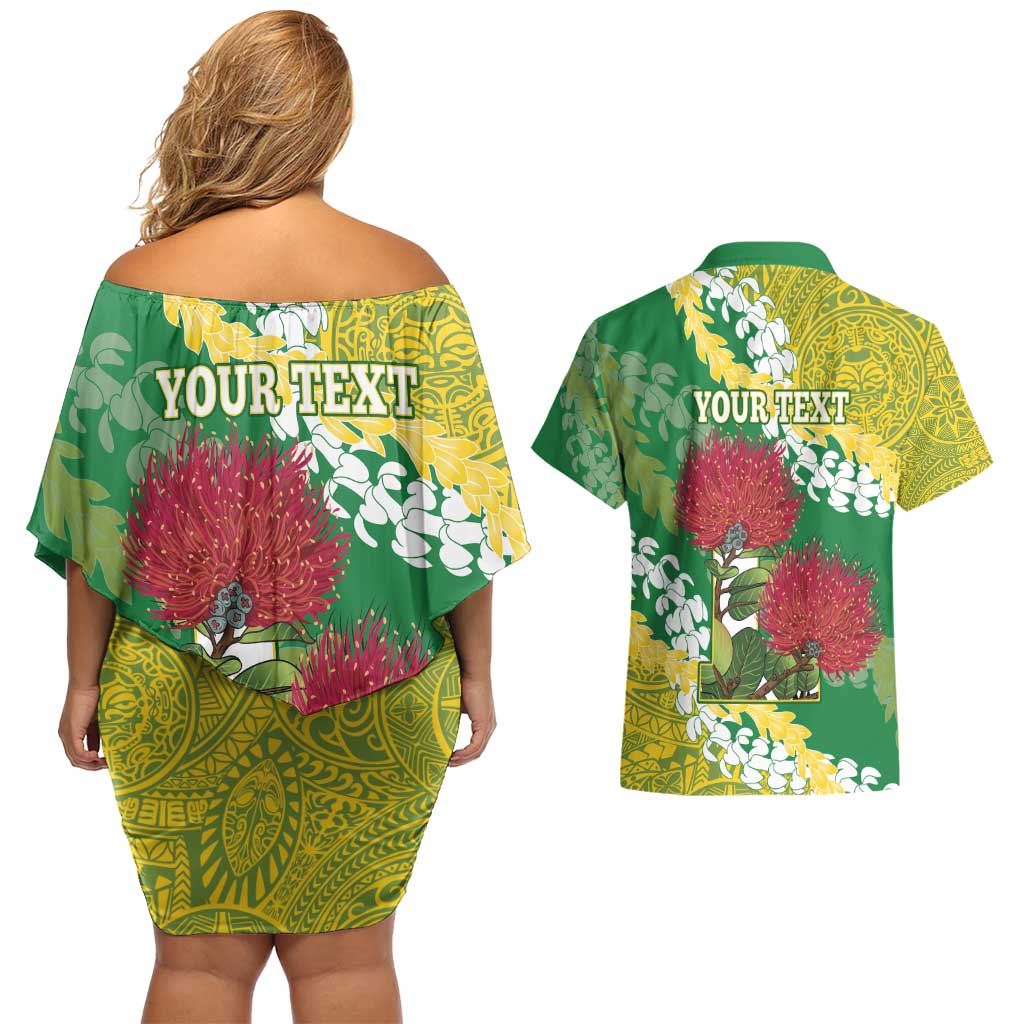 Personalized Leilehua Hawaii High School Couples Matching Off Shoulder Short Dress and Hawaiian Shirt Puakenikeni Lei Hawaiian Pattern - Polynesian Pride