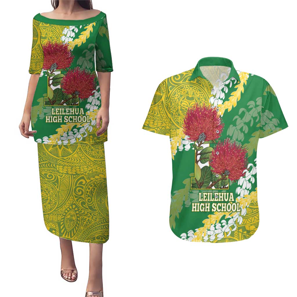 Personalized Leilehua Hawaii High School Couples Matching Puletasi and Hawaiian Shirt Puakenikeni Lei Hawaiian Pattern - Polynesian Pride
