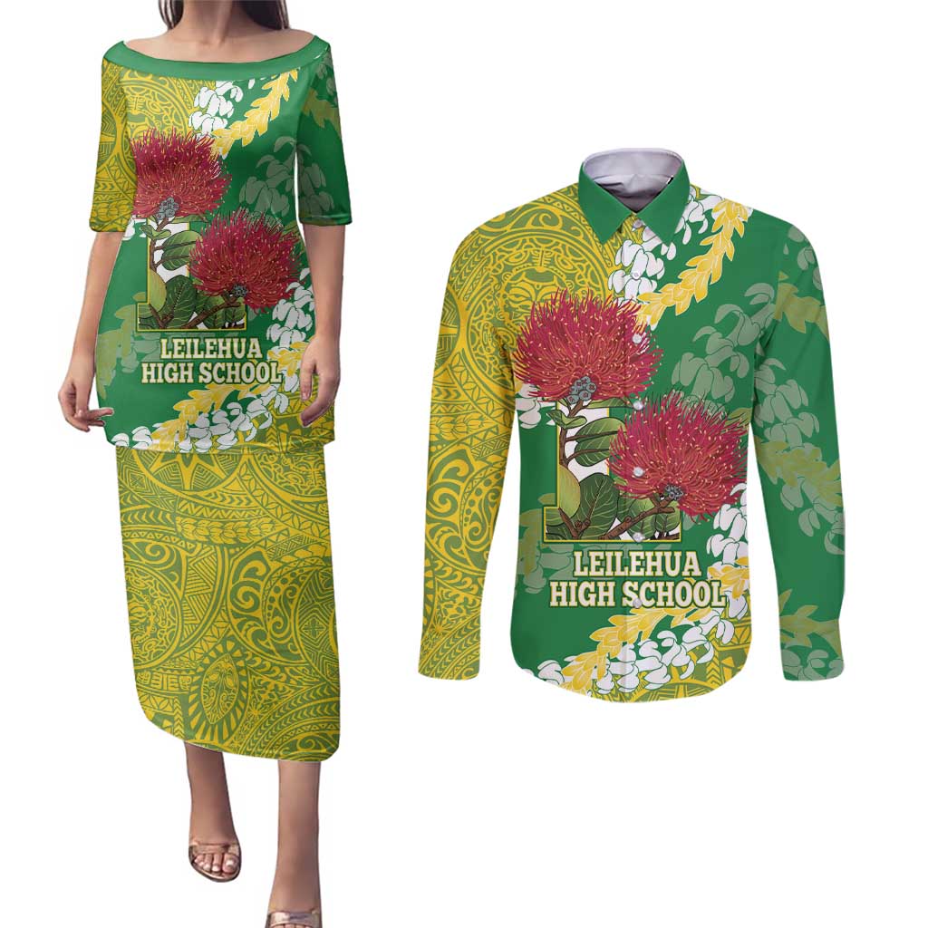 Personalized Leilehua Hawaii High School Couples Matching Puletasi and Long Sleeve Button Shirt Puakenikeni Lei Hawaiian Pattern - Polynesian Pride