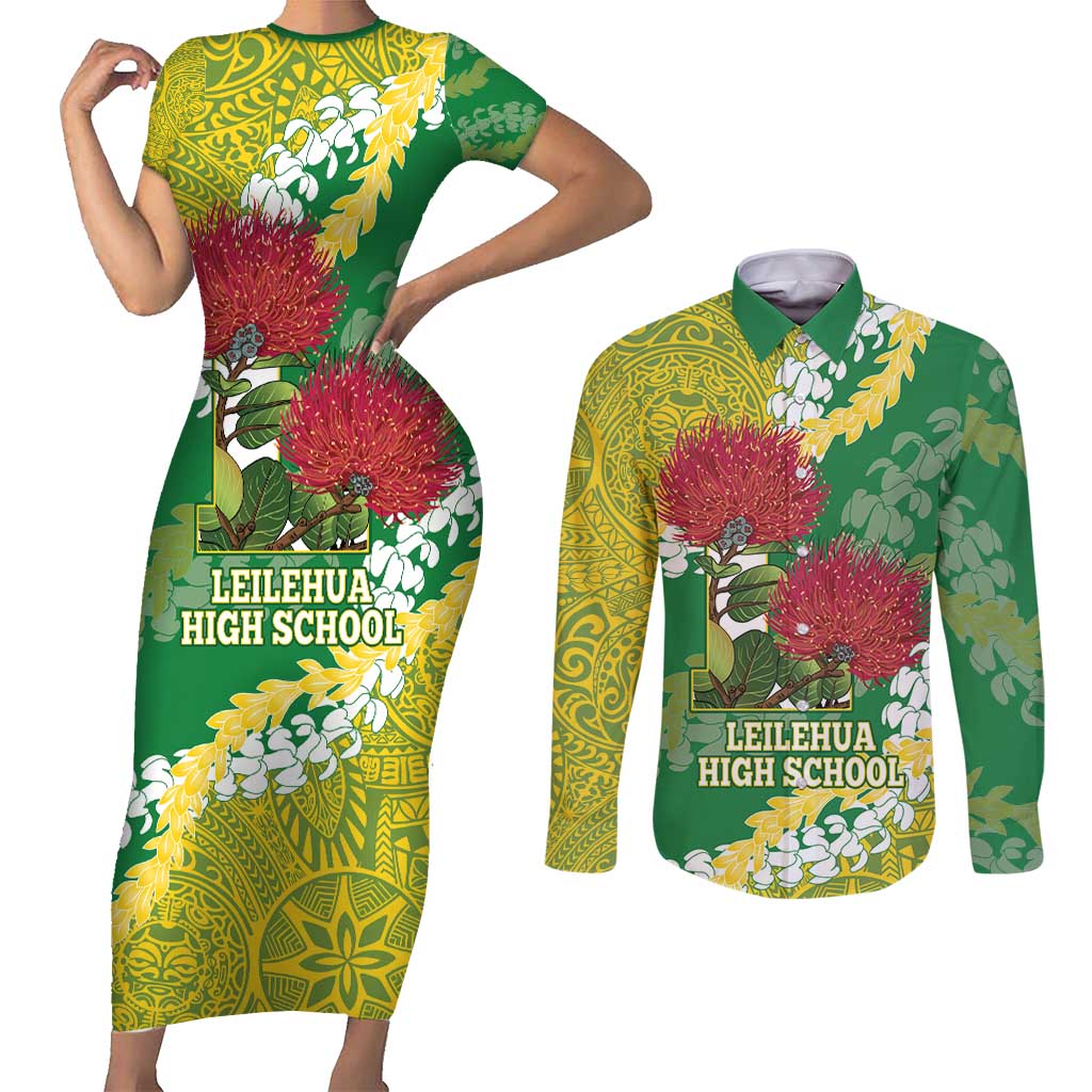 Personalized Leilehua Hawaii High School Couples Matching Short Sleeve Bodycon Dress and Long Sleeve Button Shirt Puakenikeni Lei Hawaiian Pattern - Polynesian Pride