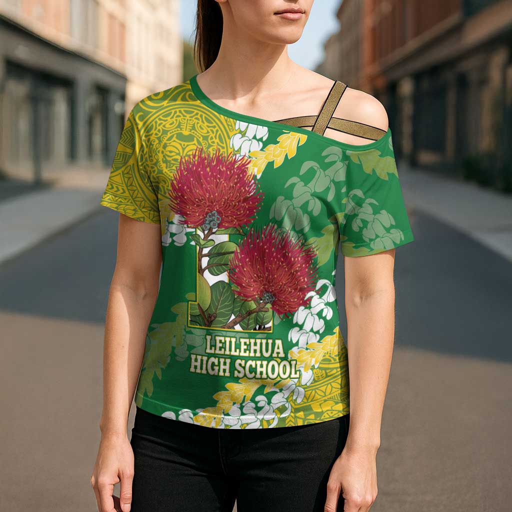 Personalized Leilehua Hawaii High School Cross Shoulder Shirt Puakenikeni Lei Hawaiian Pattern - Polynesian Pride