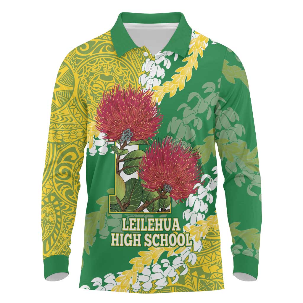Personalized Leilehua Hawaii High School Long Sleeve Polo Shirt Puakenikeni Lei Hawaiian Pattern - Polynesian Pride
