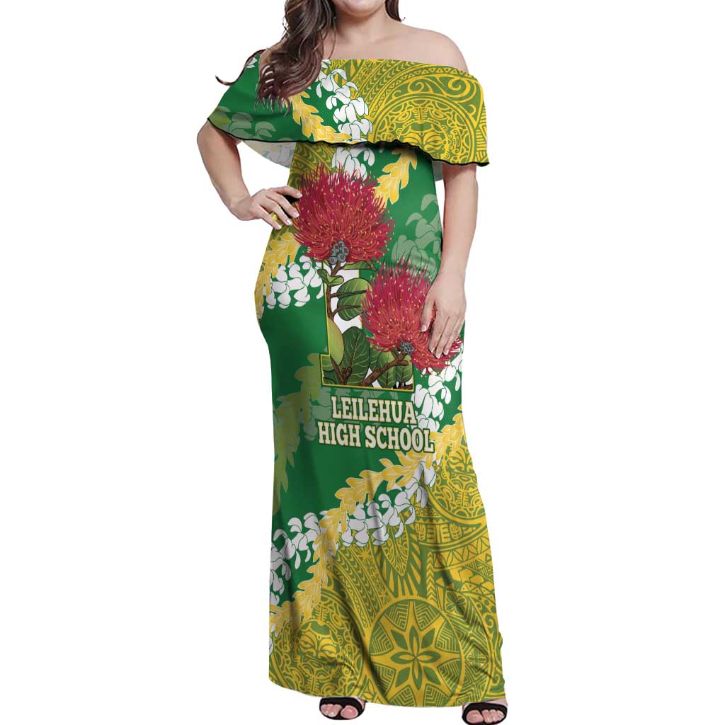 Personalized Leilehua Hawaii High School Off Shoulder Maxi Dress Puakenikeni Lei Hawaiian Pattern - Polynesian Pride