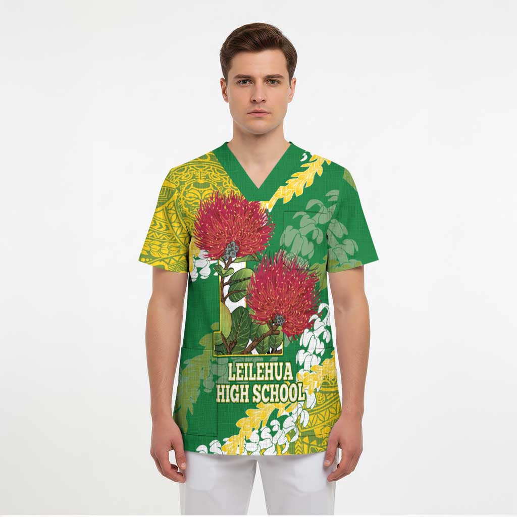 Personalized Leilehua Hawaii High School Scrub Top Puakenikeni Lei Hawaiian Pattern - Polynesian Pride