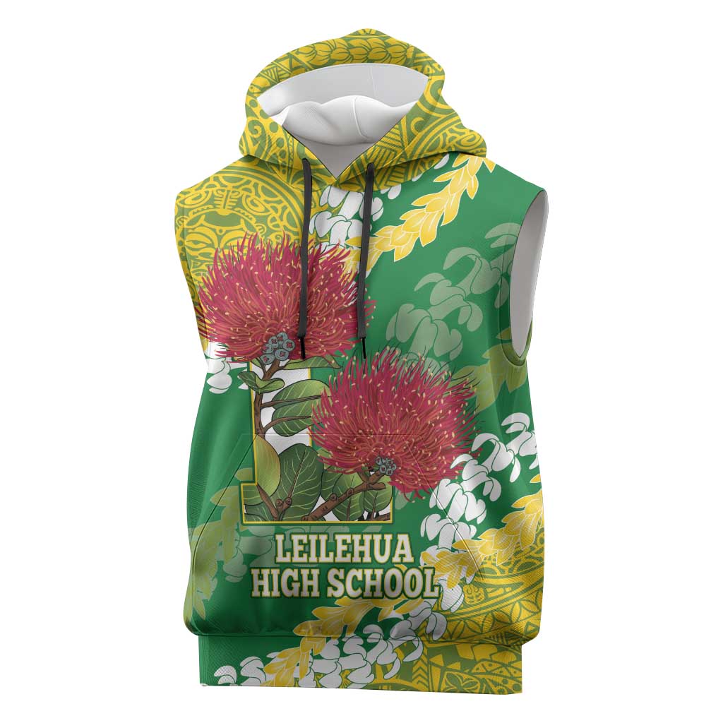 Personalized Leilehua Hawaii High School Sleeveless Hoodie Puakenikeni Lei Hawaiian Pattern - Polynesian Pride