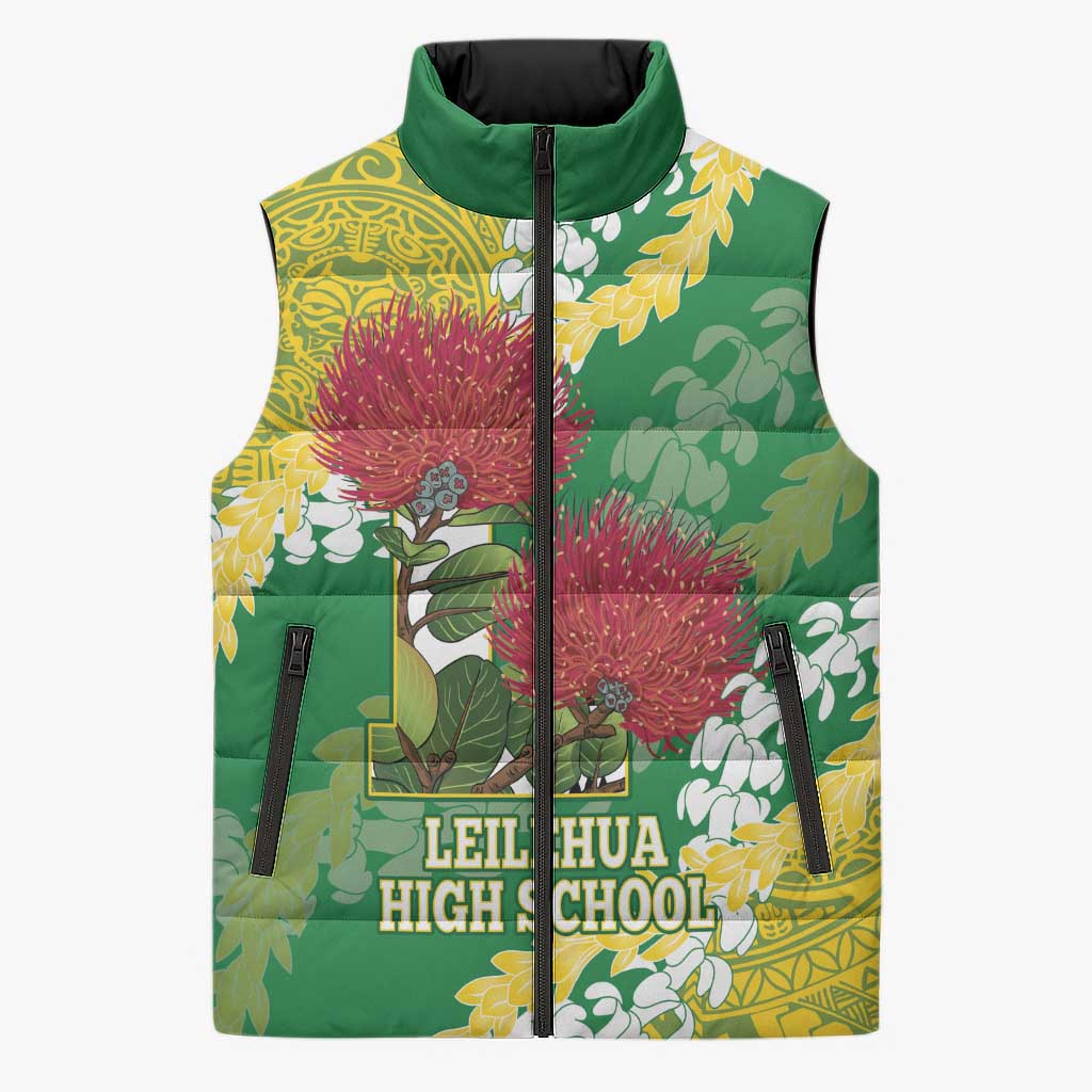 Personalized Leilehua Hawaii High School Sleeveless Puffer Jacket Puakenikeni Lei Hawaiian Pattern - Polynesian Pride