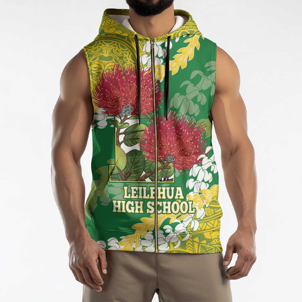 Personalized Leilehua Hawaii High School Sleeveless Zip Hoodie Puakenikeni Lei Hawaiian Pattern - Polynesian Pride