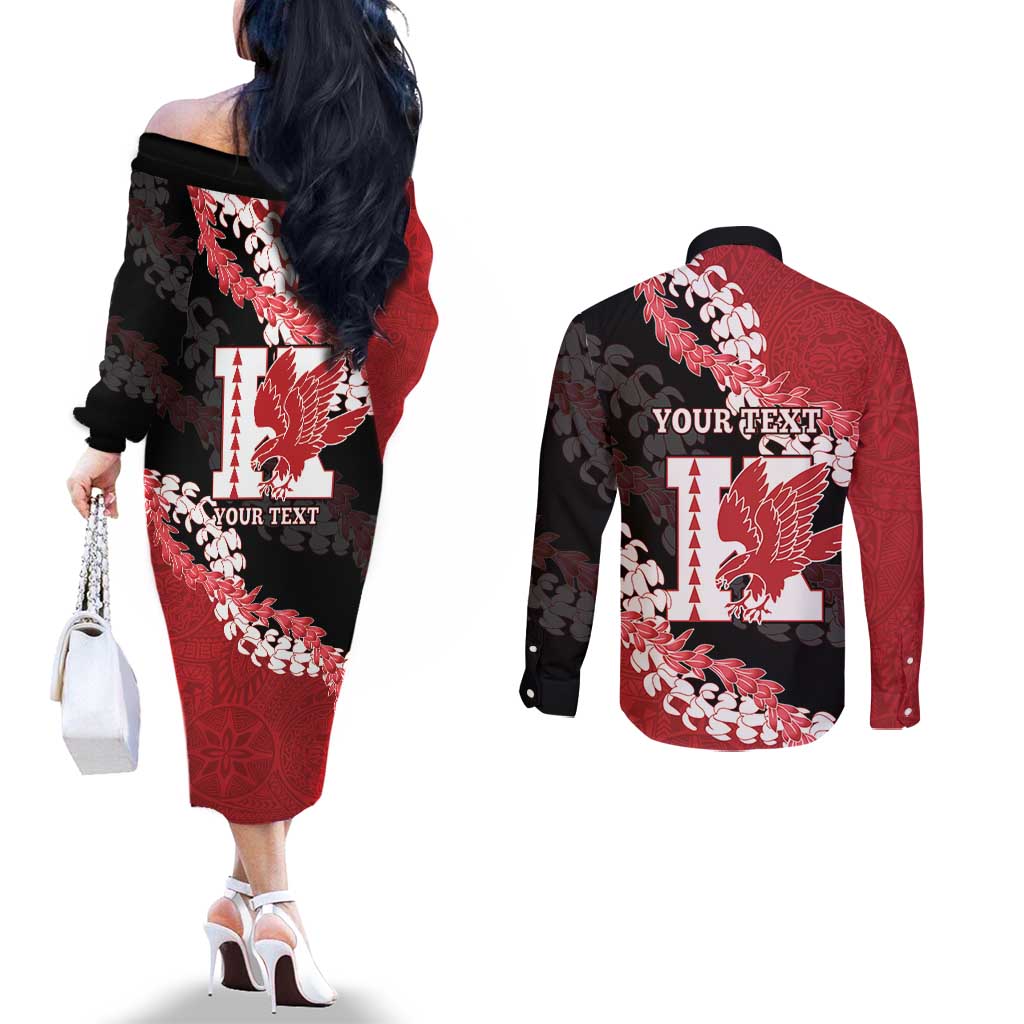 Personalized Kalani Hawaii High School Couples Matching Off The Shoulder Long Sleeve Dress and Long Sleeve Button Shirt Puakenikeni Lei Hawaiian Pattern - Polynesian Pride