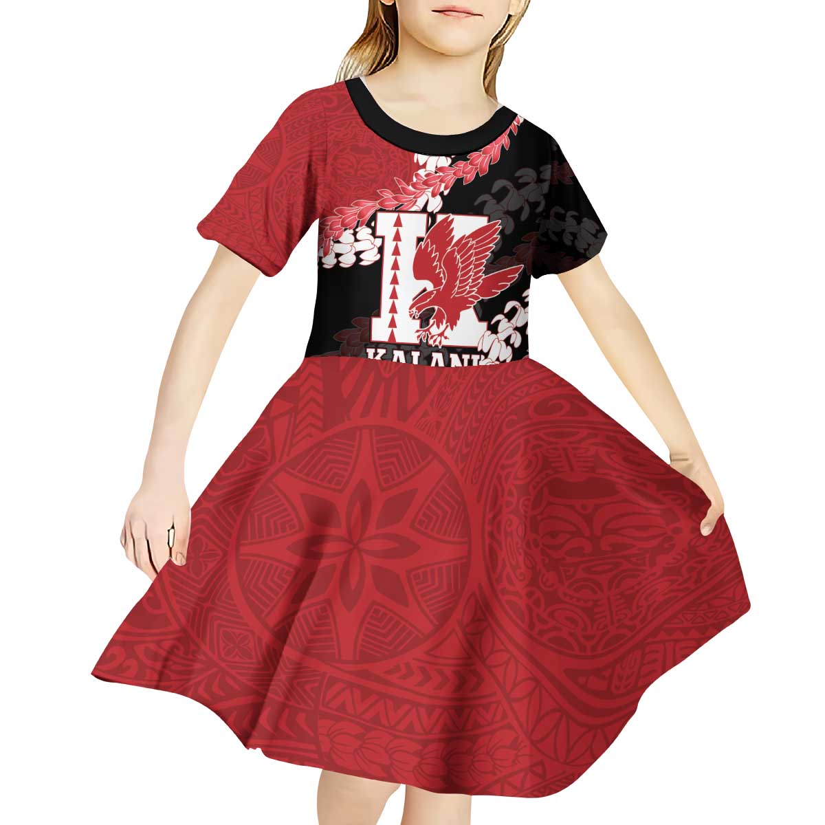 Personalized Kalani Hawaii High School Kid Short Sleeve Dress Puakenikeni Lei Hawaiian Pattern - Polynesian Pride