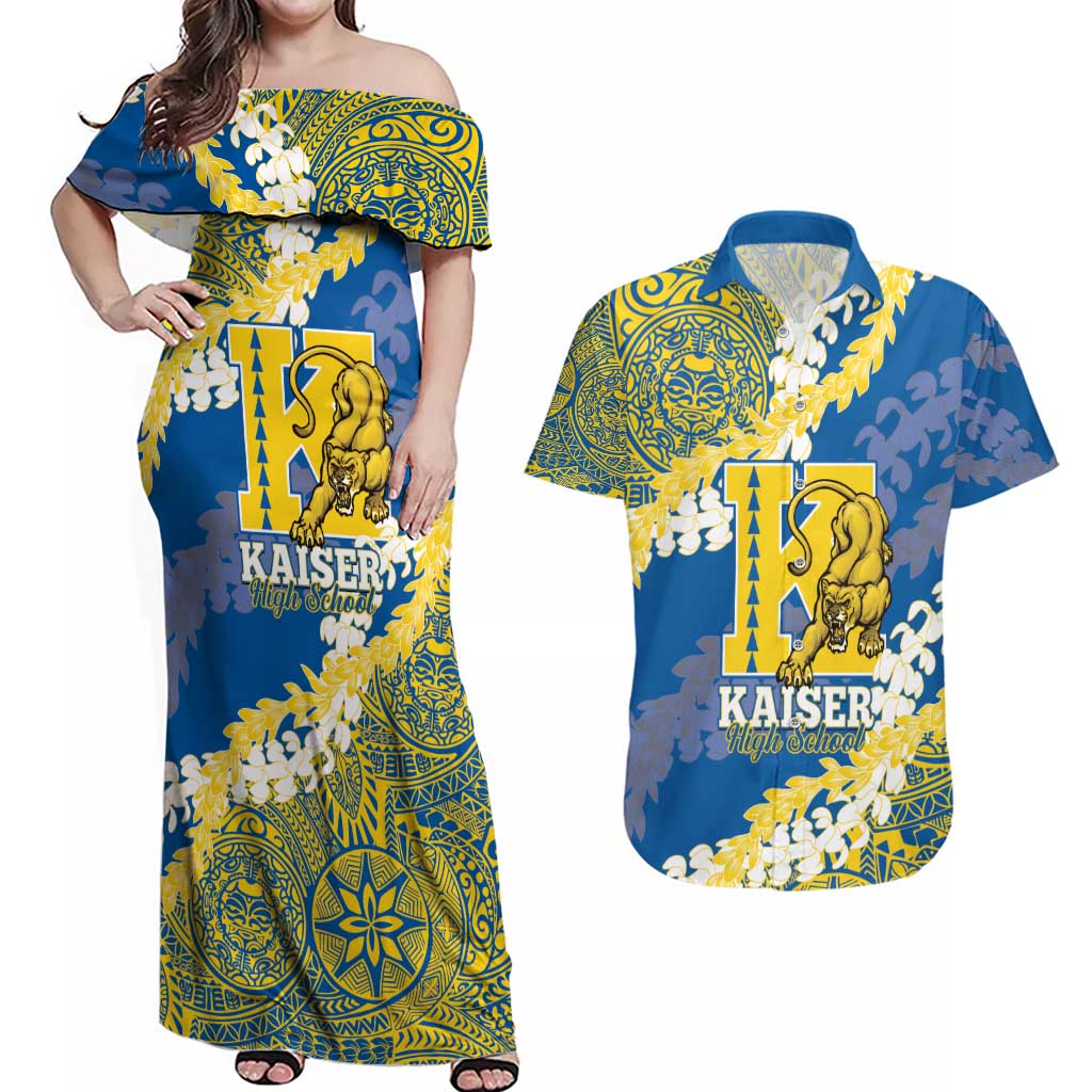 Personalized Kaiser Hawaii High School Couples Matching Off Shoulder Maxi Dress and Hawaiian Shirt Puakenikeni Lei Hawaiian Pattern - Polynesian Pride