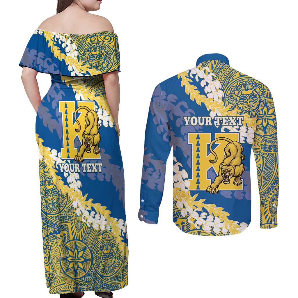 Personalized Kaiser Hawaii High School Couples Matching Off Shoulder Maxi Dress and Long Sleeve Button Shirt Puakenikeni Lei Hawaiian Pattern - Polynesian Pride
