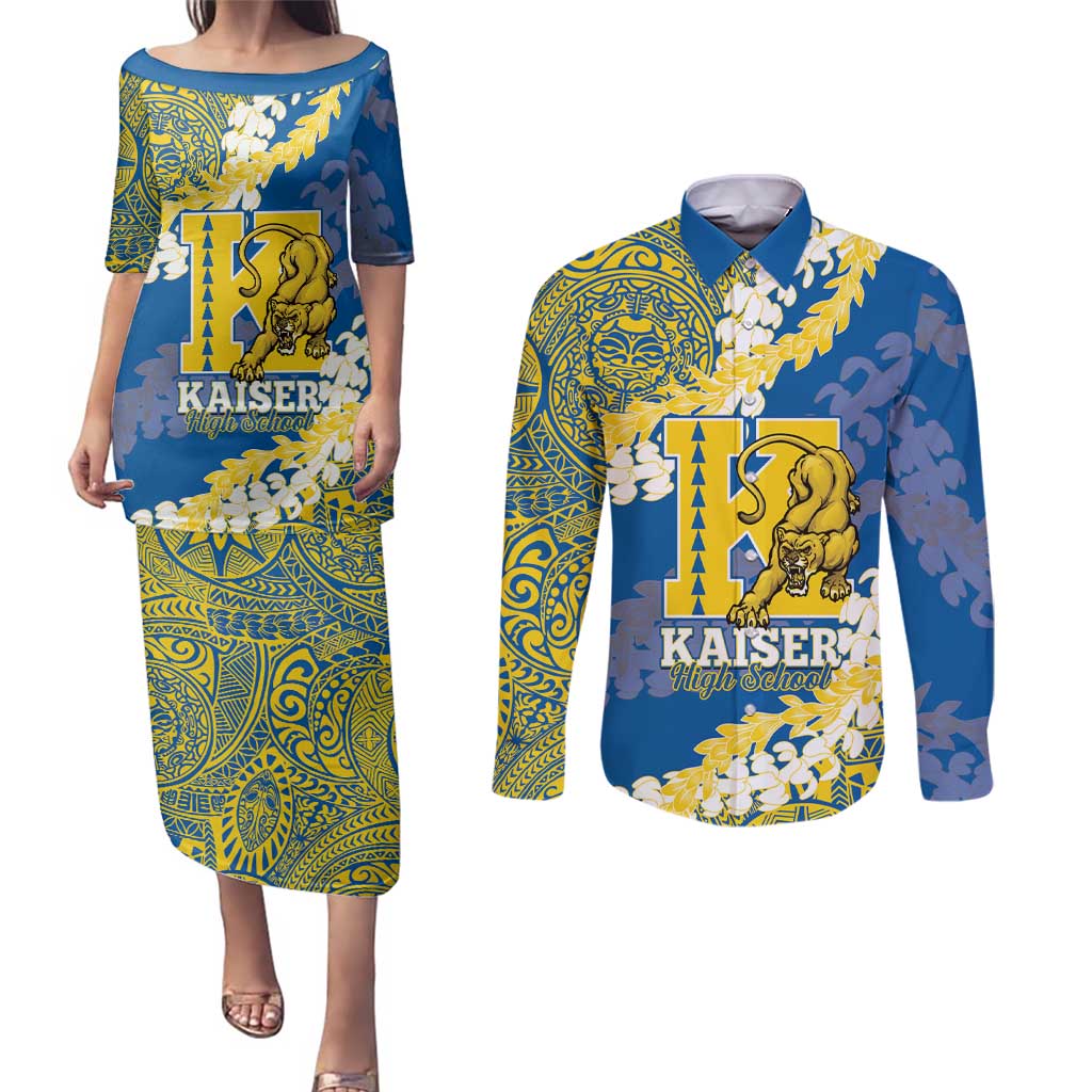 Personalized Kaiser Hawaii High School Couples Matching Puletasi and Long Sleeve Button Shirt Puakenikeni Lei Hawaiian Pattern - Polynesian Pride