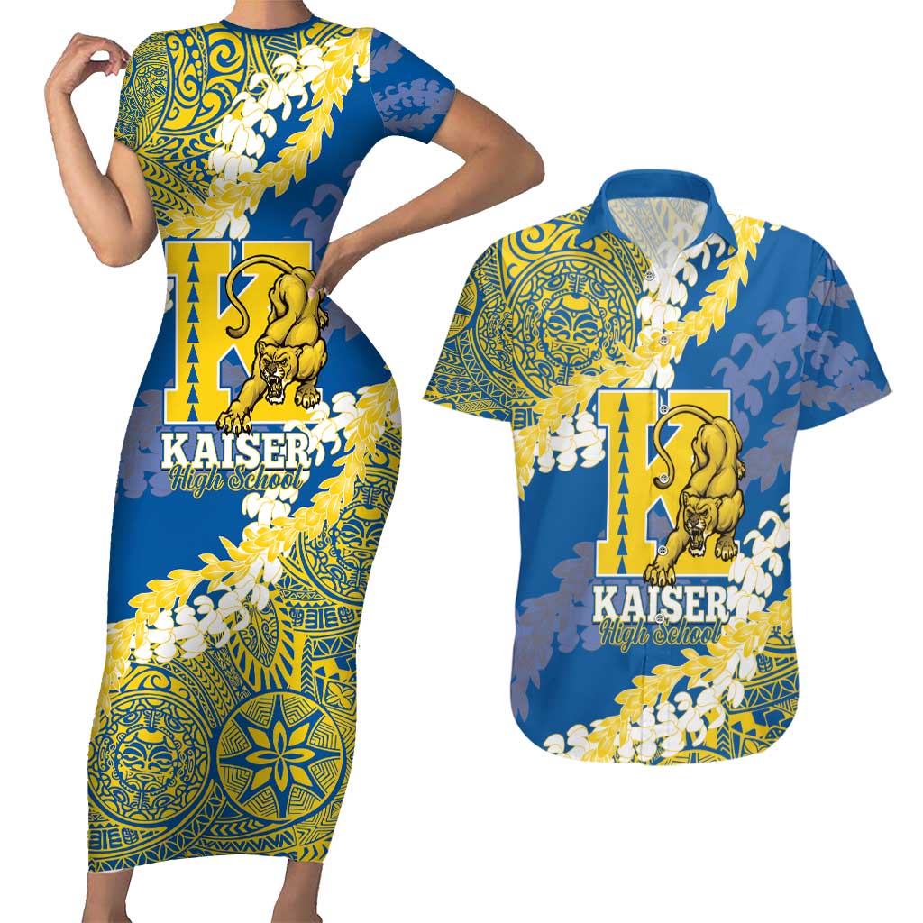 Personalized Kaiser Hawaii High School Couples Matching Short Sleeve Bodycon Dress and Hawaiian Shirt Puakenikeni Lei Hawaiian Pattern - Polynesian Pride