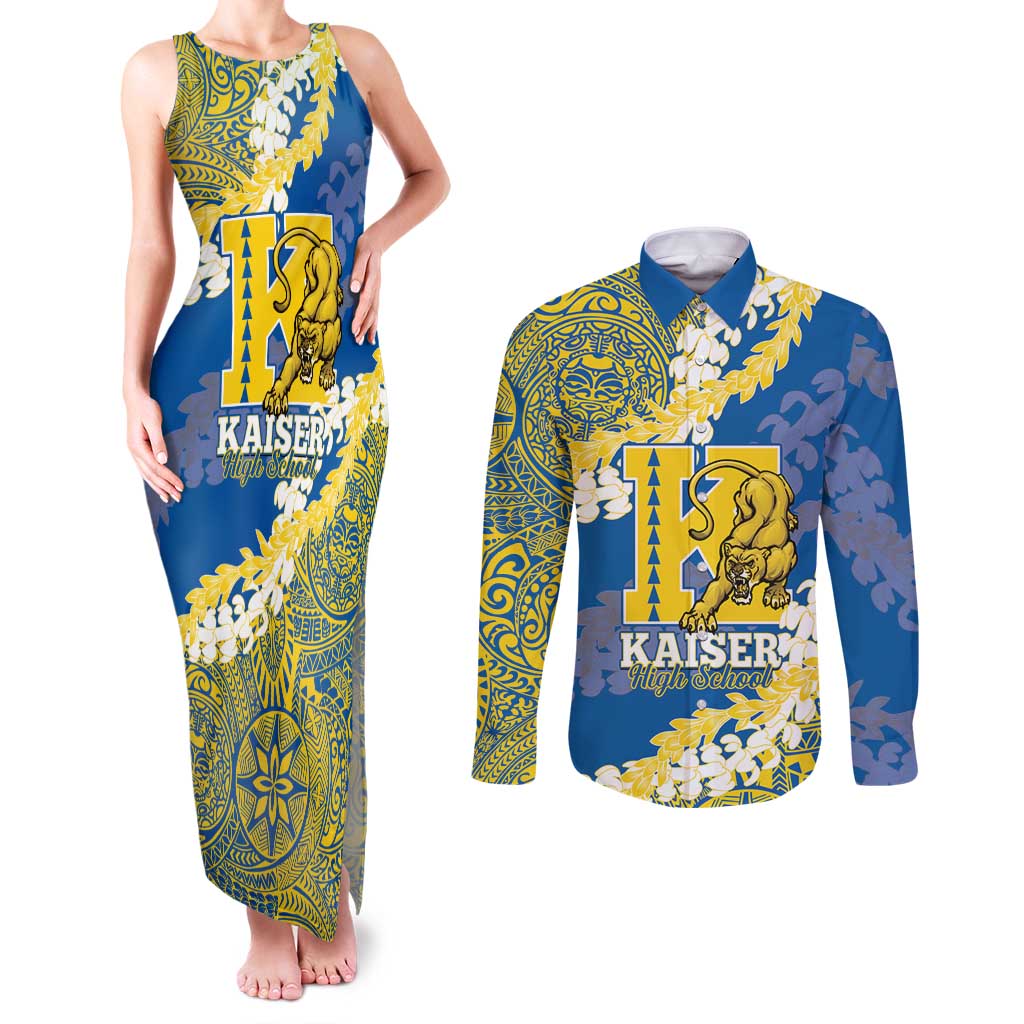 Personalized Kaiser Hawaii High School Couples Matching Tank Maxi Dress and Long Sleeve Button Shirt Puakenikeni Lei Hawaiian Pattern - Polynesian Pride