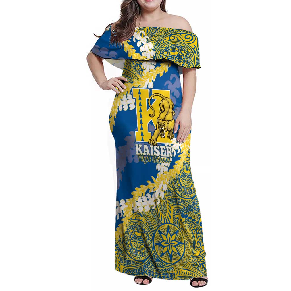 Personalized Kaiser Hawaii High School Family Matching Off Shoulder Maxi Dress and Hawaiian Shirt Puakenikeni Lei Hawaiian Pattern - Polynesian Pride
