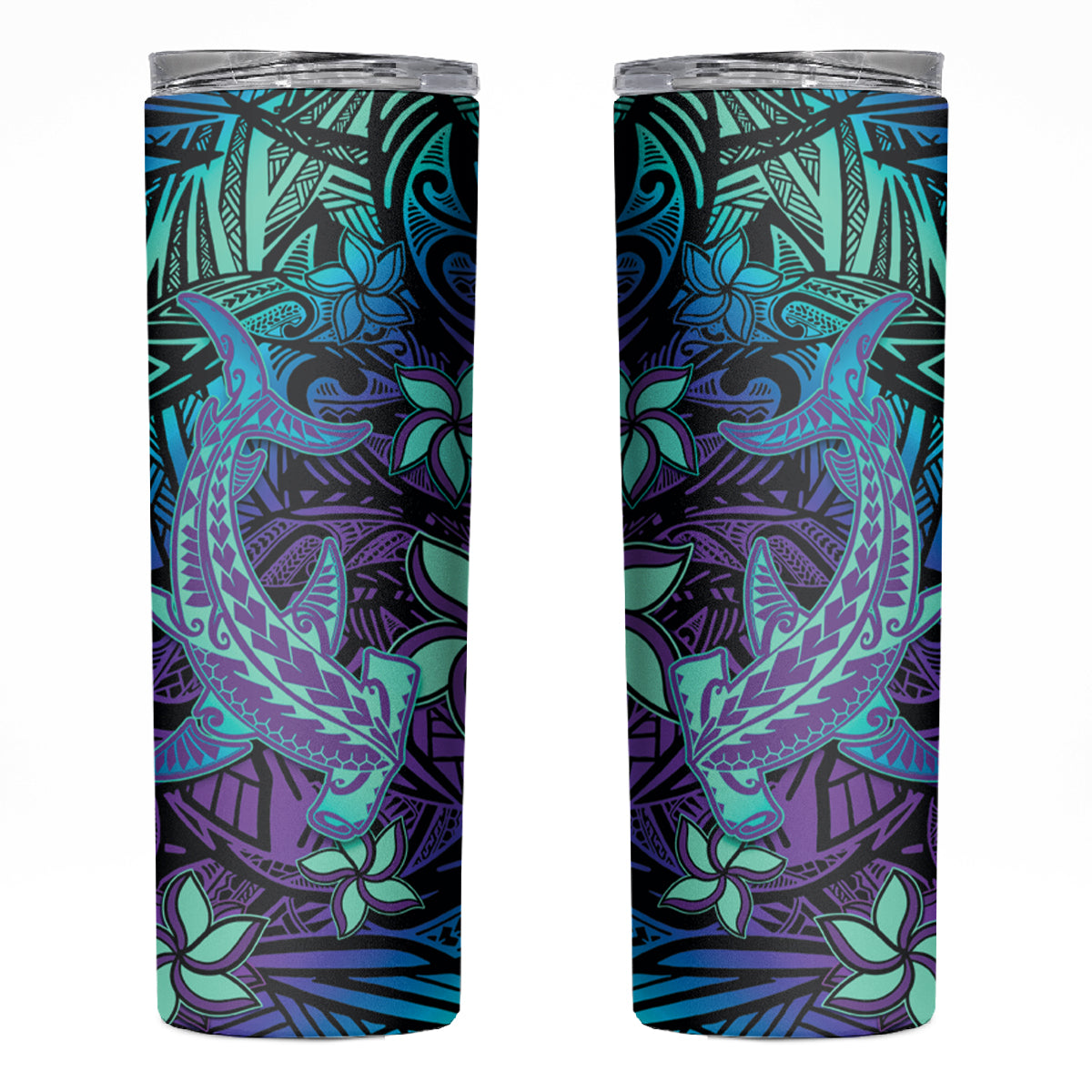 Purple Paradise Hawaiian Tribal Hammerhead Shark Skinny Tumbler