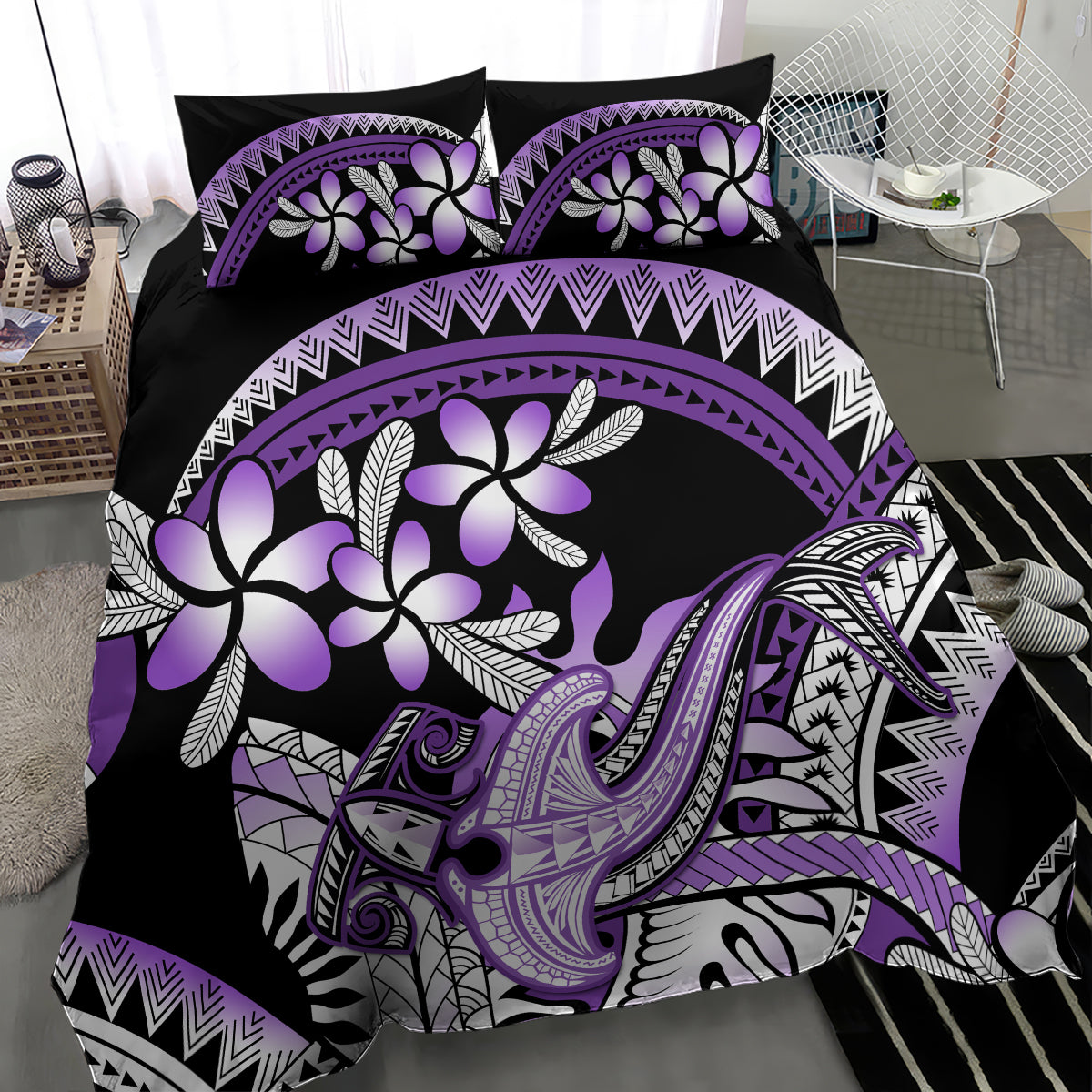 Purple Polynesian Bedding Set Hammerhead Shark Tattoo Royal Plumeria Gradient Vibes LT14 - Polynesian Pride