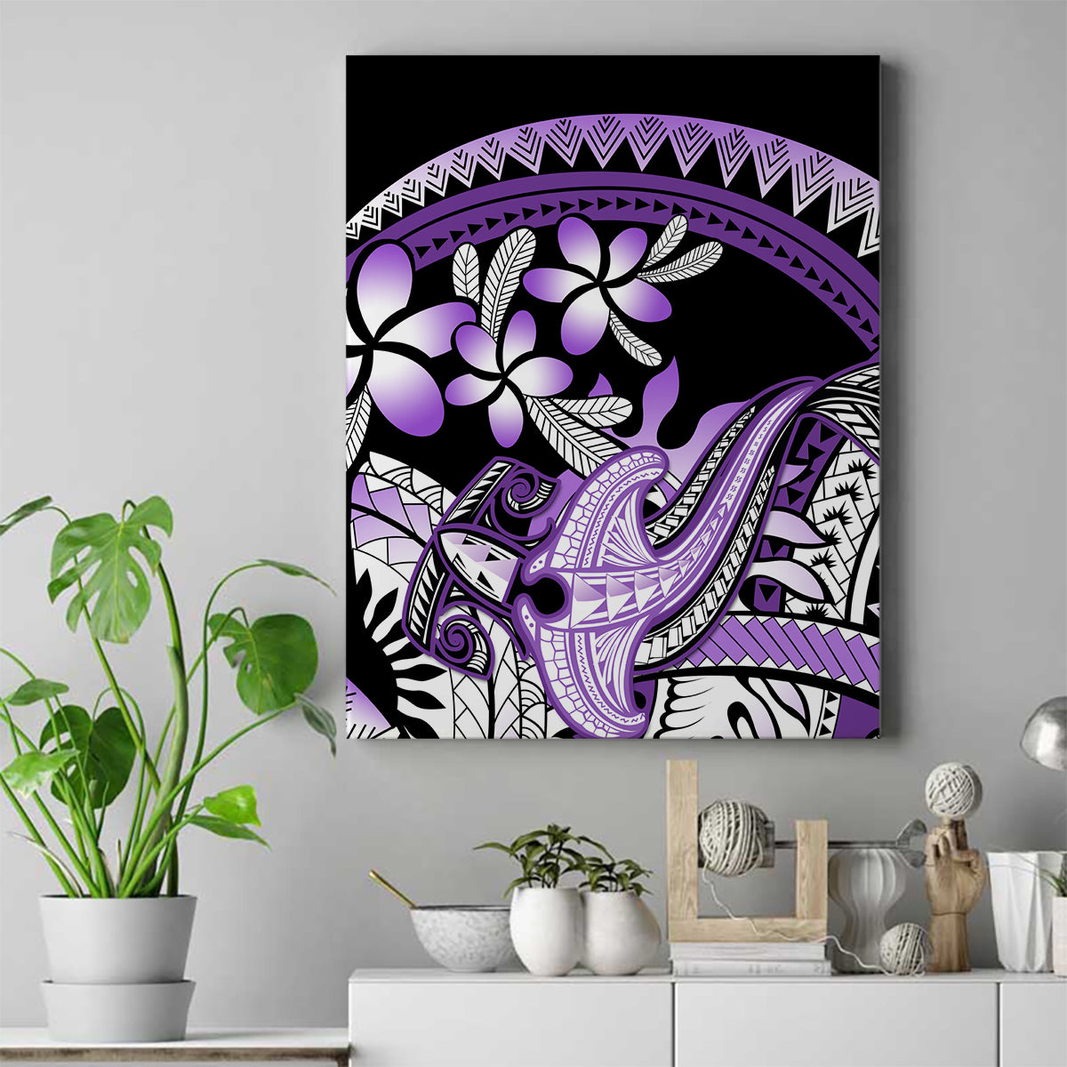 Purple Polynesian Canvas Wall Art Hammerhead Shark Tattoo Royal Plumeria Gradient Vibes LT14 Purple - Polynesian Pride