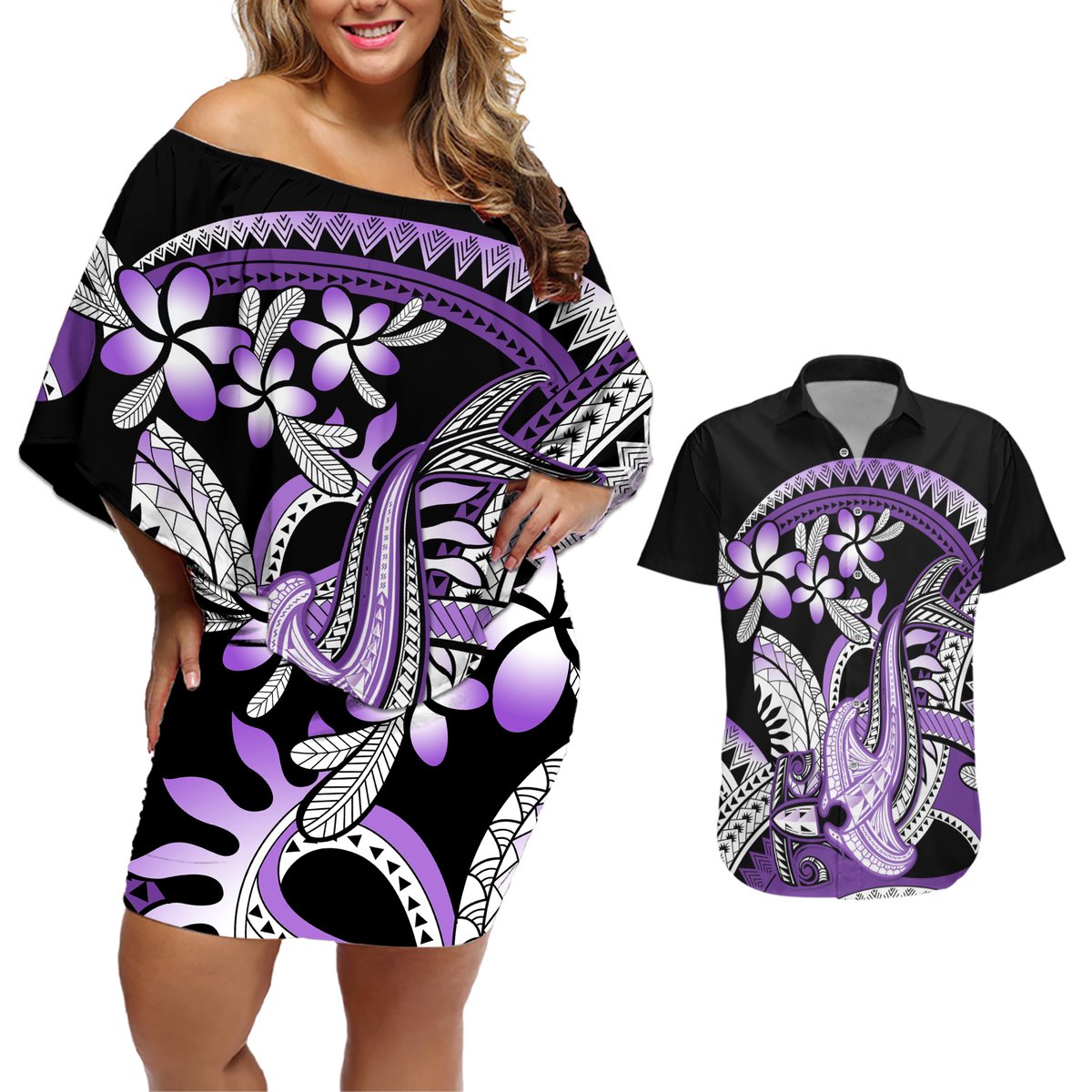 Purple Polynesian Couples Matching Off Shoulder Short Dress and Hawaiian Shirt Hammerhead Shark Tattoo Royal Plumeria Gradient Vibes LT14 Purple - Polynesian Pride