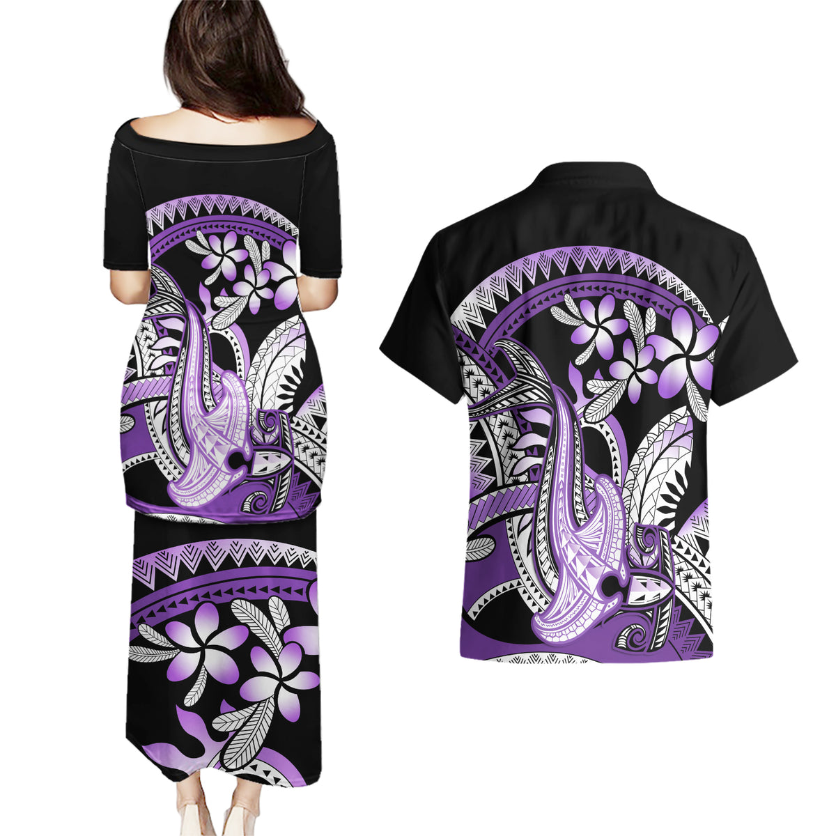 Purple Polynesian Couples Matching Puletasi and Hawaiian Shirt Hammerhead Shark Tattoo Royal Plumeria Gradient Vibes LT14 - Polynesian Pride