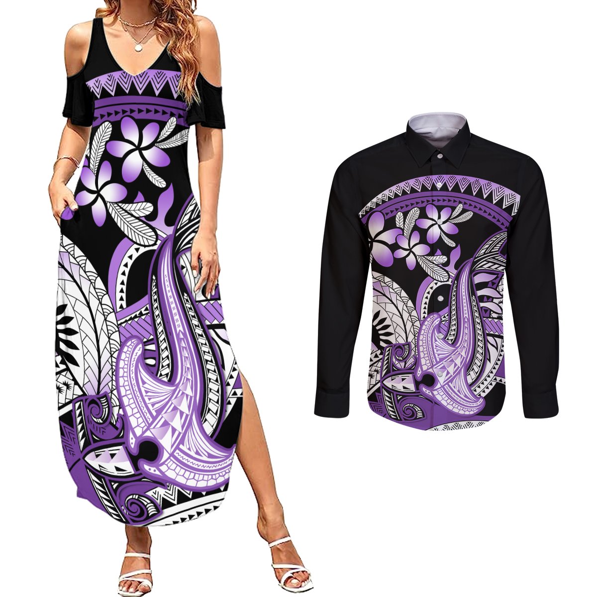 Purple Polynesian Couples Matching Summer Maxi Dress and Long Sleeve Button Shirt Hammerhead Shark Tattoo Royal Plumeria Gradient Vibes LT14 Purple - Polynesian Pride