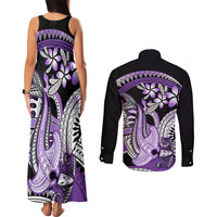 Purple Polynesian Couples Matching Tank Maxi Dress and Long Sleeve Button Shirt Hammerhead Shark Tattoo Royal Plumeria Gradient Vibes LT14 - Polynesian Pride