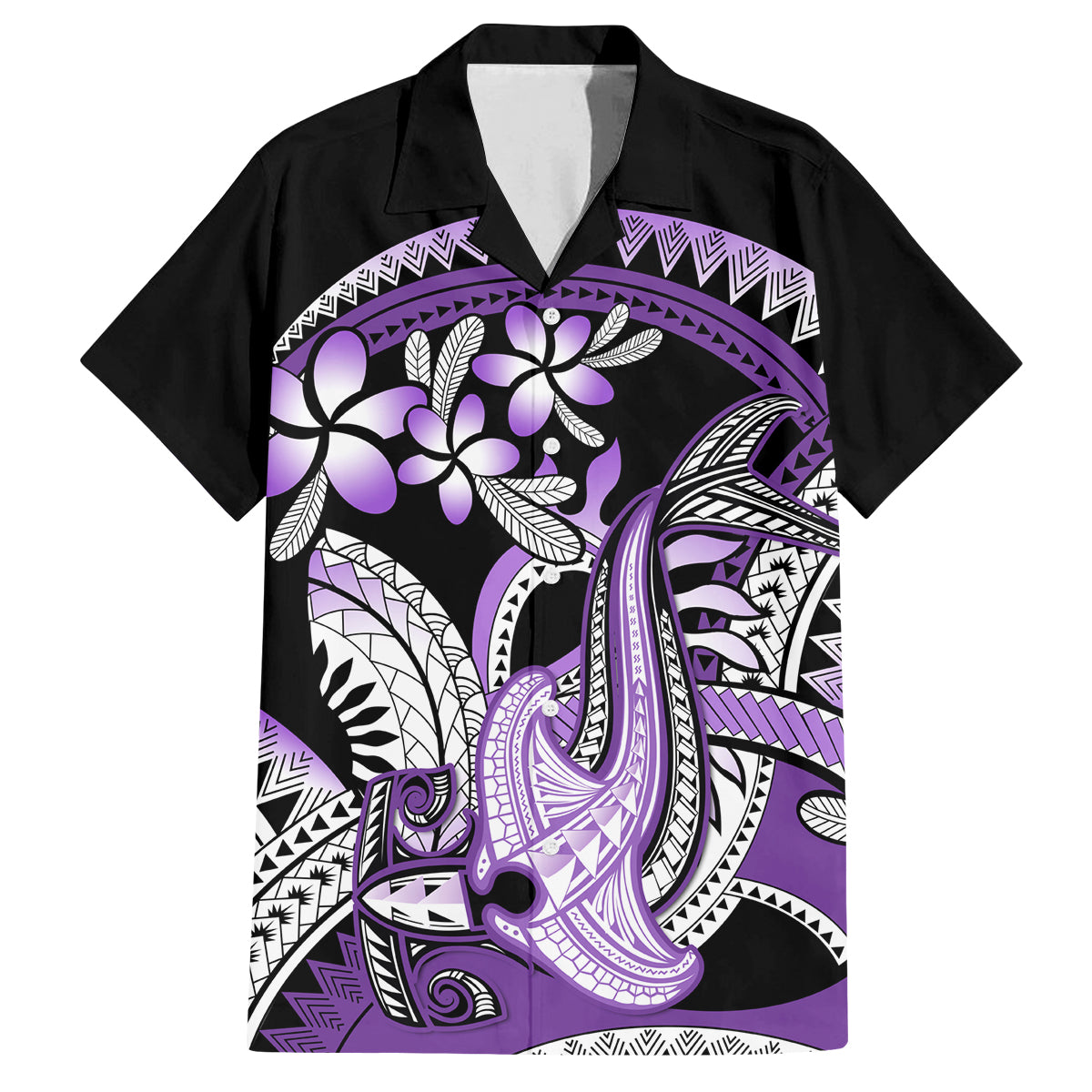 Purple Polynesian Family Matching Long Sleeve Bodycon Dress and Hawaiian Shirt Hammerhead Shark Tattoo Royal Plumeria Gradient Vibes LT14 Dad's Shirt - Short Sleeve Purple - Polynesian Pride