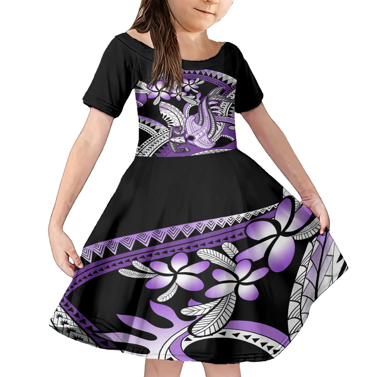 Purple Polynesian Kid Short Sleeve Dress Hammerhead Shark Tattoo Royal Plumeria Gradient Vibes LT14 KID Purple - Polynesian Pride