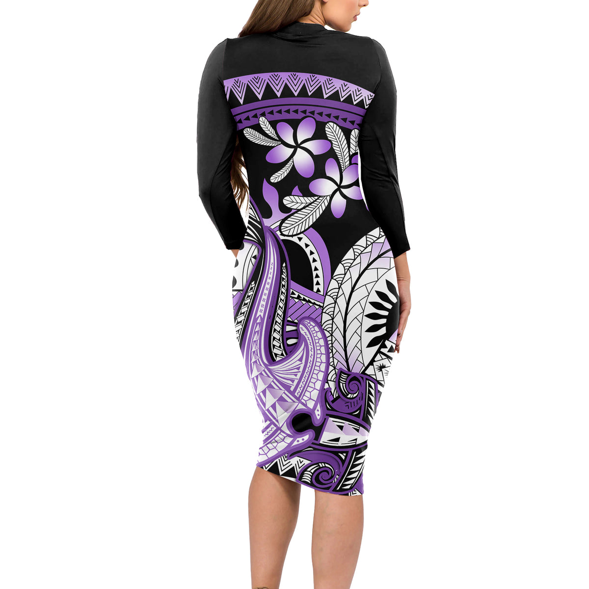 Purple Polynesian Long Sleeve Bodycon Dress Hammerhead Shark Tattoo Royal Plumeria Gradient Vibes LT14 - Polynesian Pride
