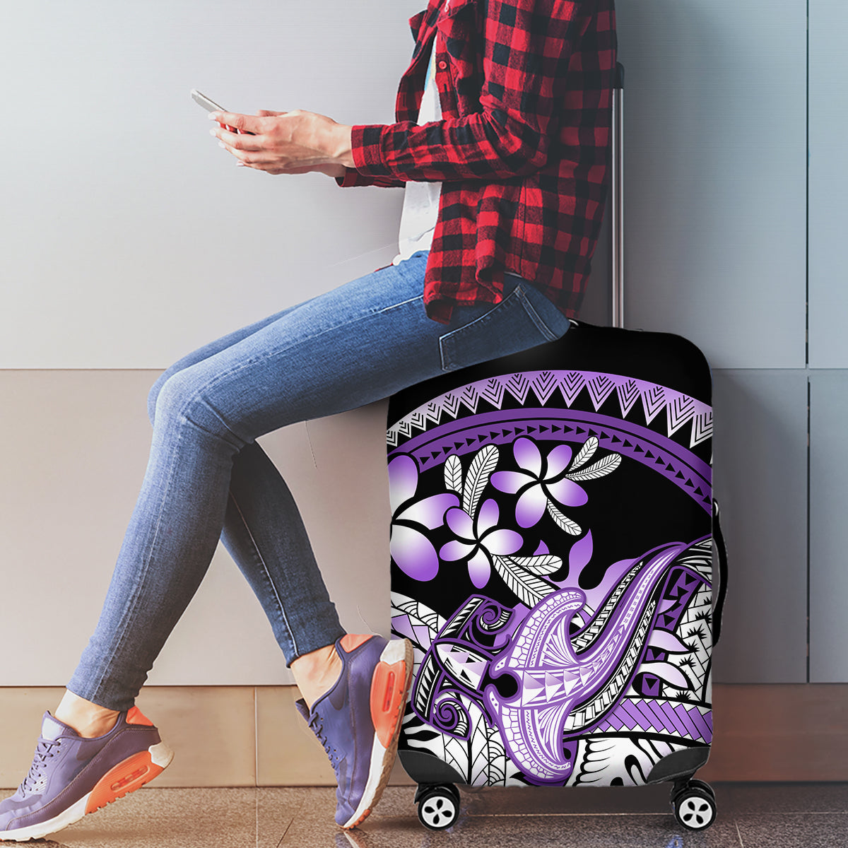 Purple Polynesian Luggage Cover Hammerhead Shark Tattoo Royal Plumeria Gradient Vibes LT14 - Polynesian Pride