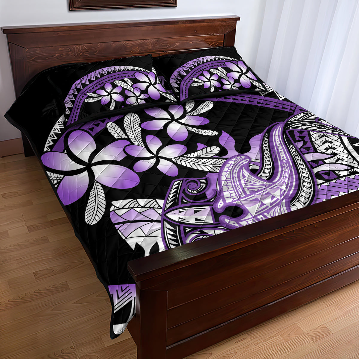 Purple Polynesian Quilt Bed Set Hammerhead Shark Tattoo Royal Plumeria Gradient Vibes LT14 - Polynesian Pride
