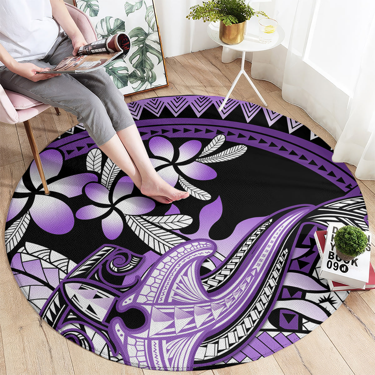 Purple Polynesian Round Carpet Hammerhead Shark Tattoo Royal Plumeria Gradient Vibes LT14 - Polynesian Pride