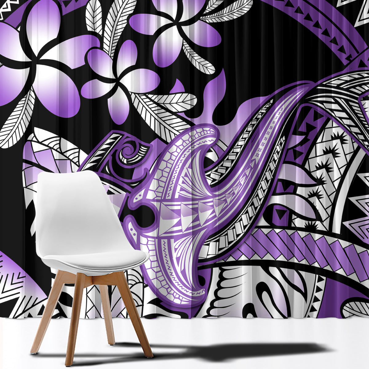 Purple Polynesian Window Curtain Hammerhead Shark Tattoo Royal Plumeria Gradient Vibes LT14 - Polynesian Pride