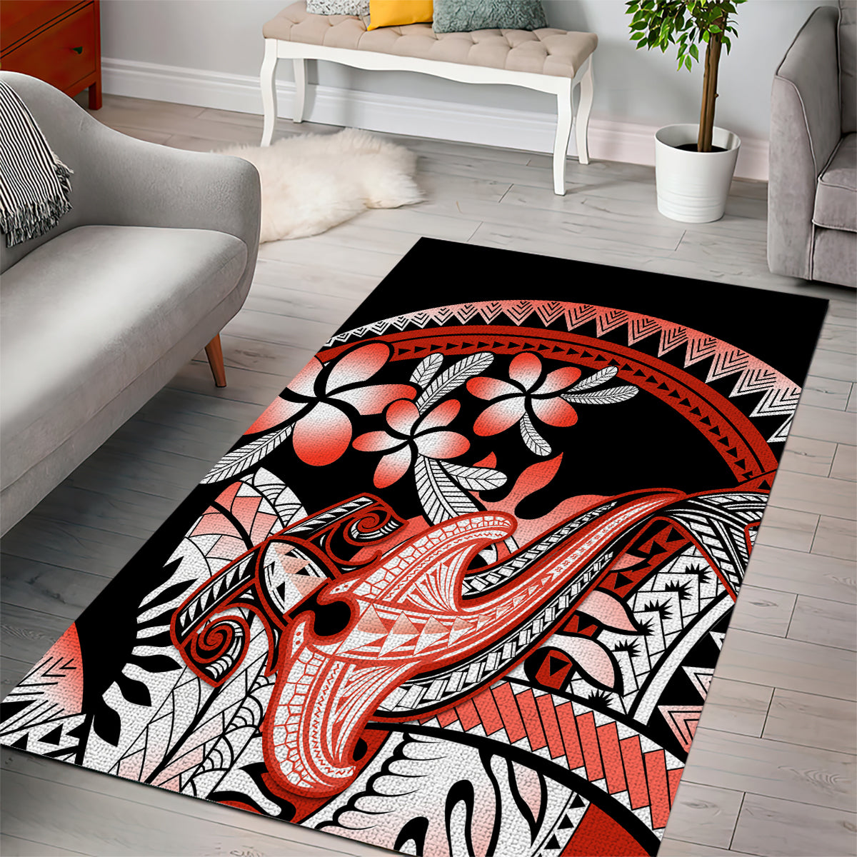 Red Polynesian Area Rug Hammerhead Shark Tattoo Royal Plumeria Gradient Vibes LT14 - Polynesian Pride
