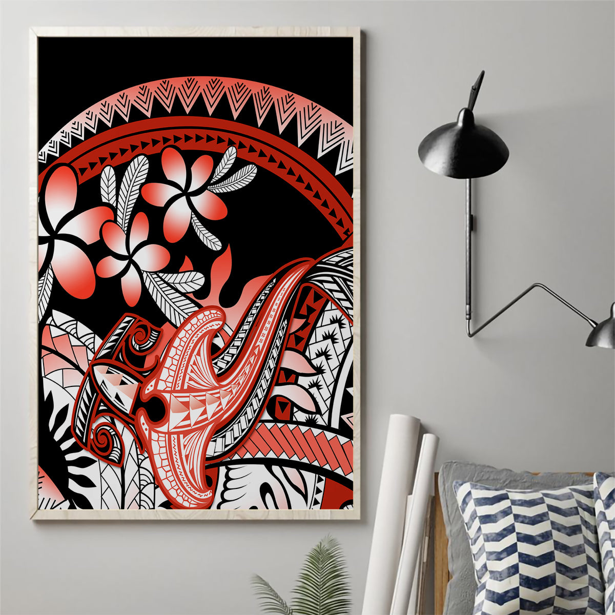 Red Polynesian Canvas Wall Art Hammerhead Shark Tattoo Royal Plumeria Gradient Vibes LT14 - Polynesian Pride