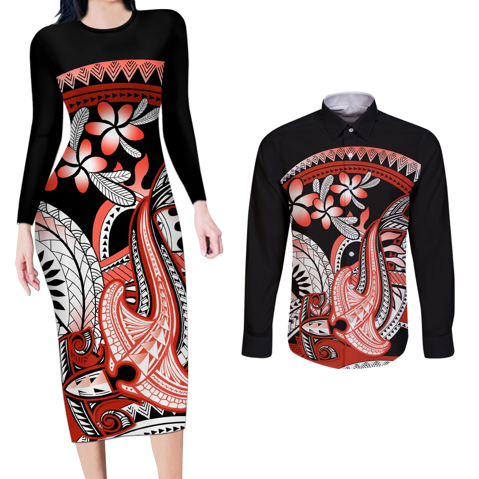 Red Polynesian Couples Matching Long Sleeve Bodycon Dress and Long Sleeve Button Shirt Hammerhead Shark Tattoo Royal Plumeria Gradient Vibes LT14 Red - Polynesian Pride