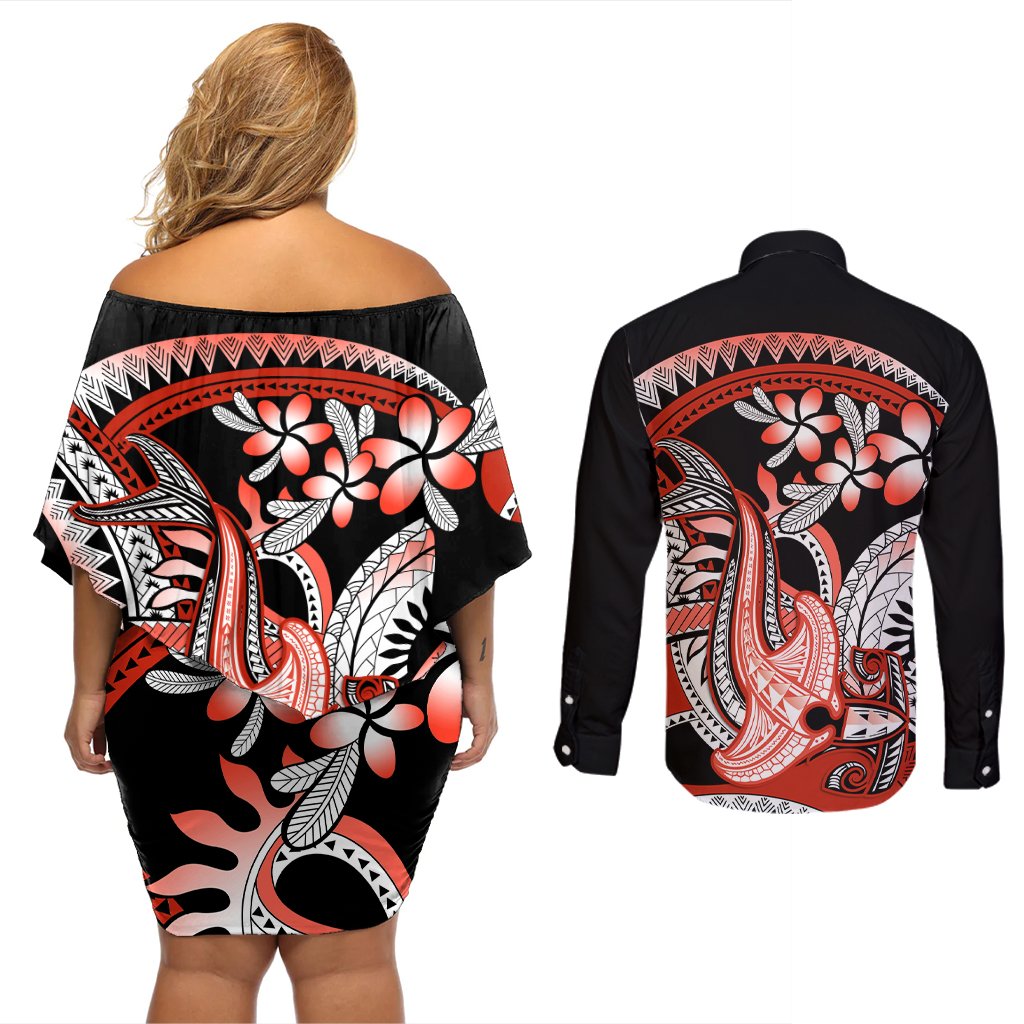 Red Polynesian Couples Matching Off Shoulder Short Dress and Long Sleeve Button Shirt Hammerhead Shark Tattoo Royal Plumeria Gradient Vibes LT14 - Polynesian Pride