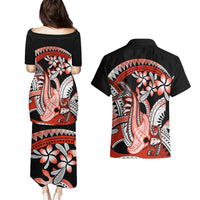 Red Polynesian Couples Matching Puletasi and Hawaiian Shirt Hammerhead Shark Tattoo Royal Plumeria Gradient Vibes LT14 - Polynesian Pride