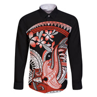 Red Polynesian Family Matching Puletasi and Hawaiian Shirt Hammerhead Shark Tattoo Royal Plumeria Gradient Vibes LT14 Dad's Shirt - Long Sleeve Red - Polynesian Pride