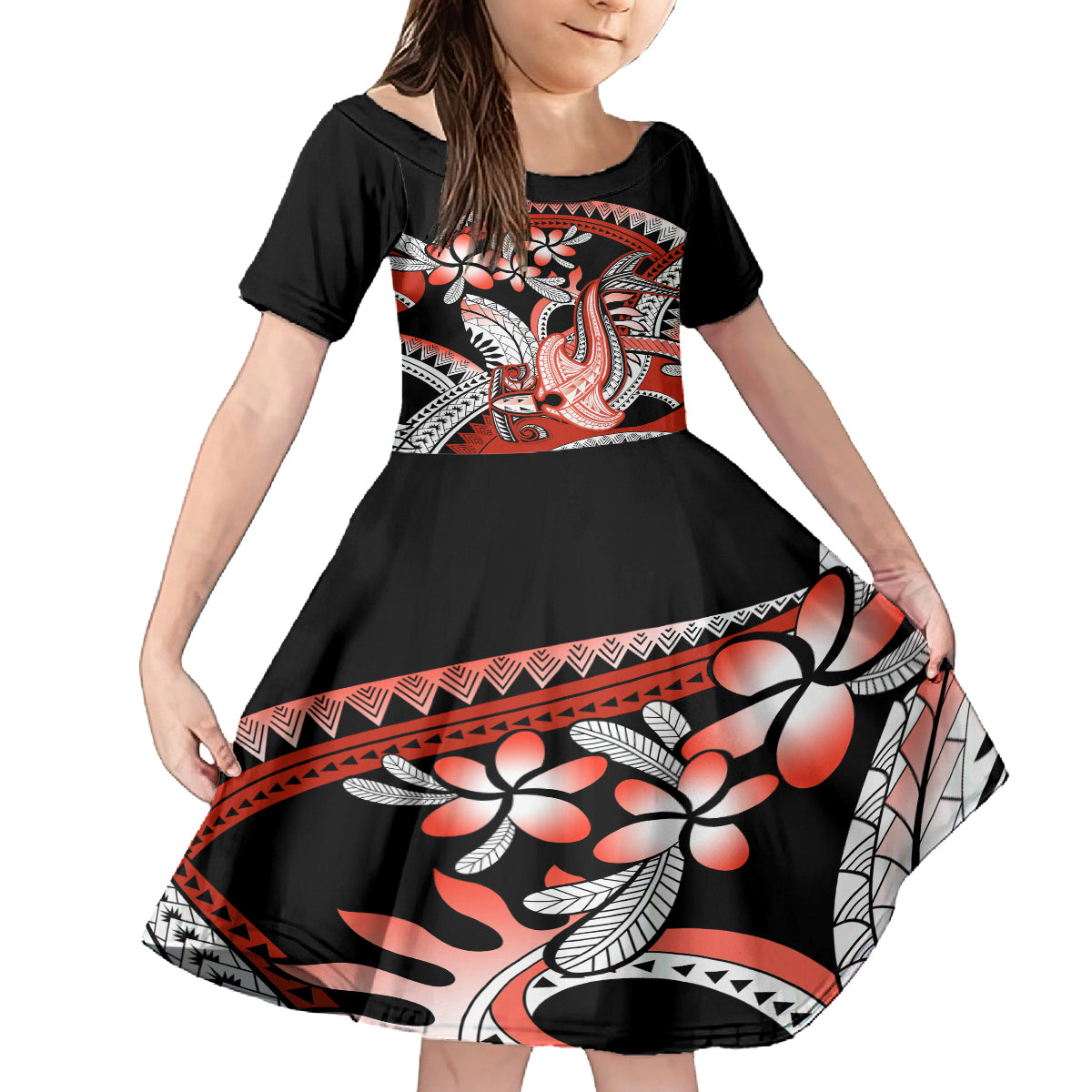 Red Polynesian Family Matching Tank Maxi Dress and Hawaiian Shirt Hammerhead Shark Tattoo Royal Plumeria Gradient Vibes LT14 Daughter's Dress Red - Polynesian Pride