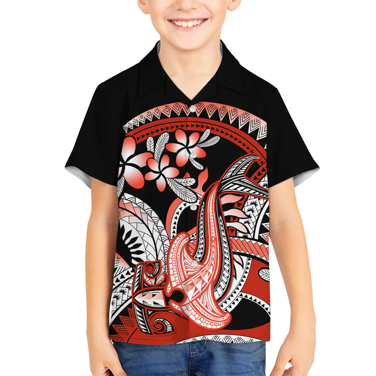Red Polynesian Family Matching Tank Maxi Dress and Hawaiian Shirt Hammerhead Shark Tattoo Royal Plumeria Gradient Vibes LT14 Son's Shirt Red - Polynesian Pride
