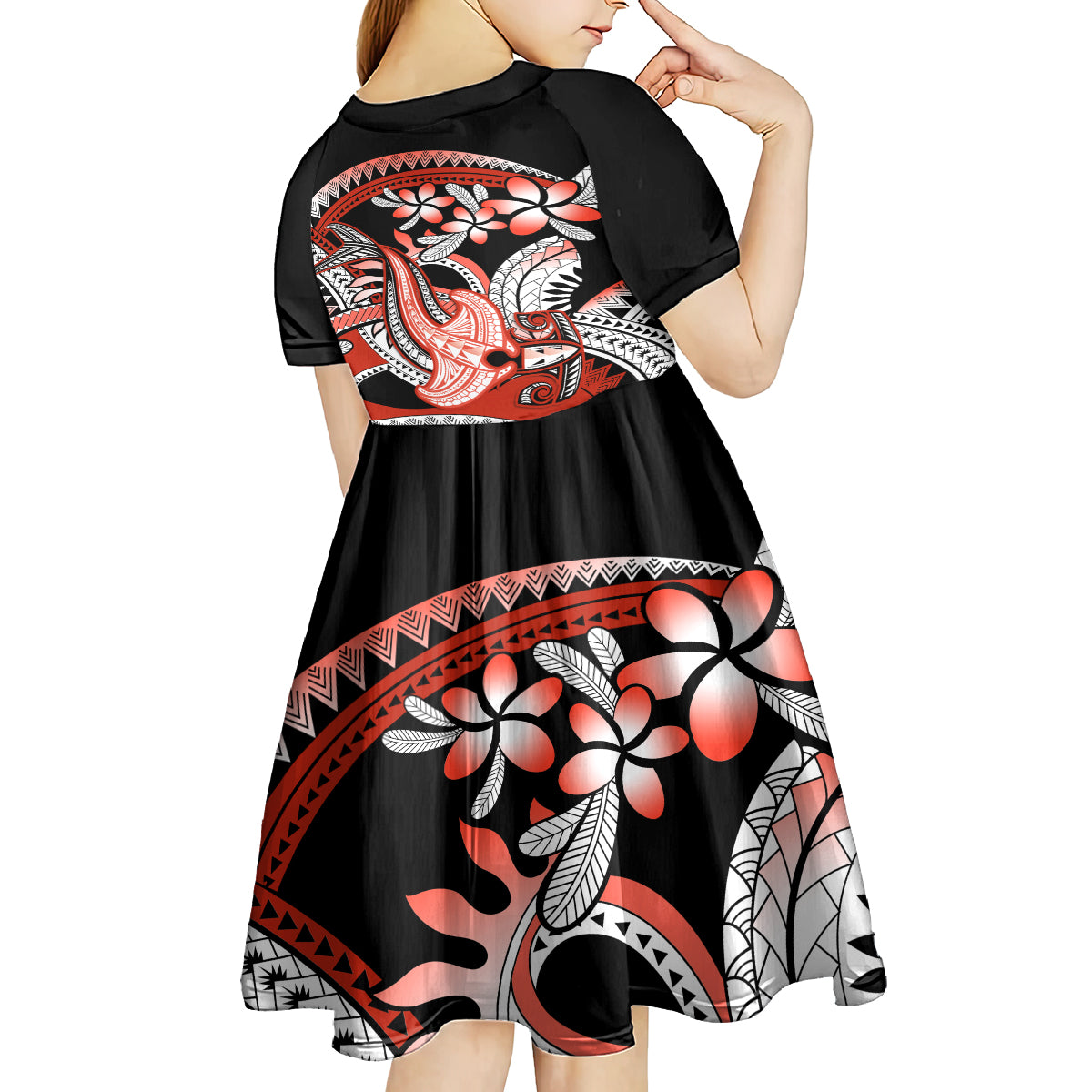 Red Polynesian Kid Short Sleeve Dress Hammerhead Shark Tattoo Royal Plumeria Gradient Vibes LT14 - Polynesian Pride