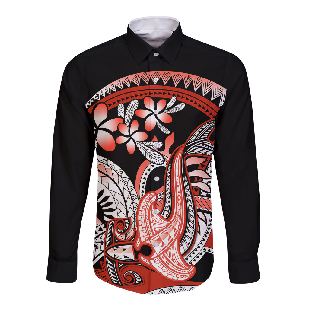 Red Polynesian Long Sleeve Button Shirt Hammerhead Shark Tattoo Royal Plumeria Gradient Vibes LT14 Unisex Red - Polynesian Pride