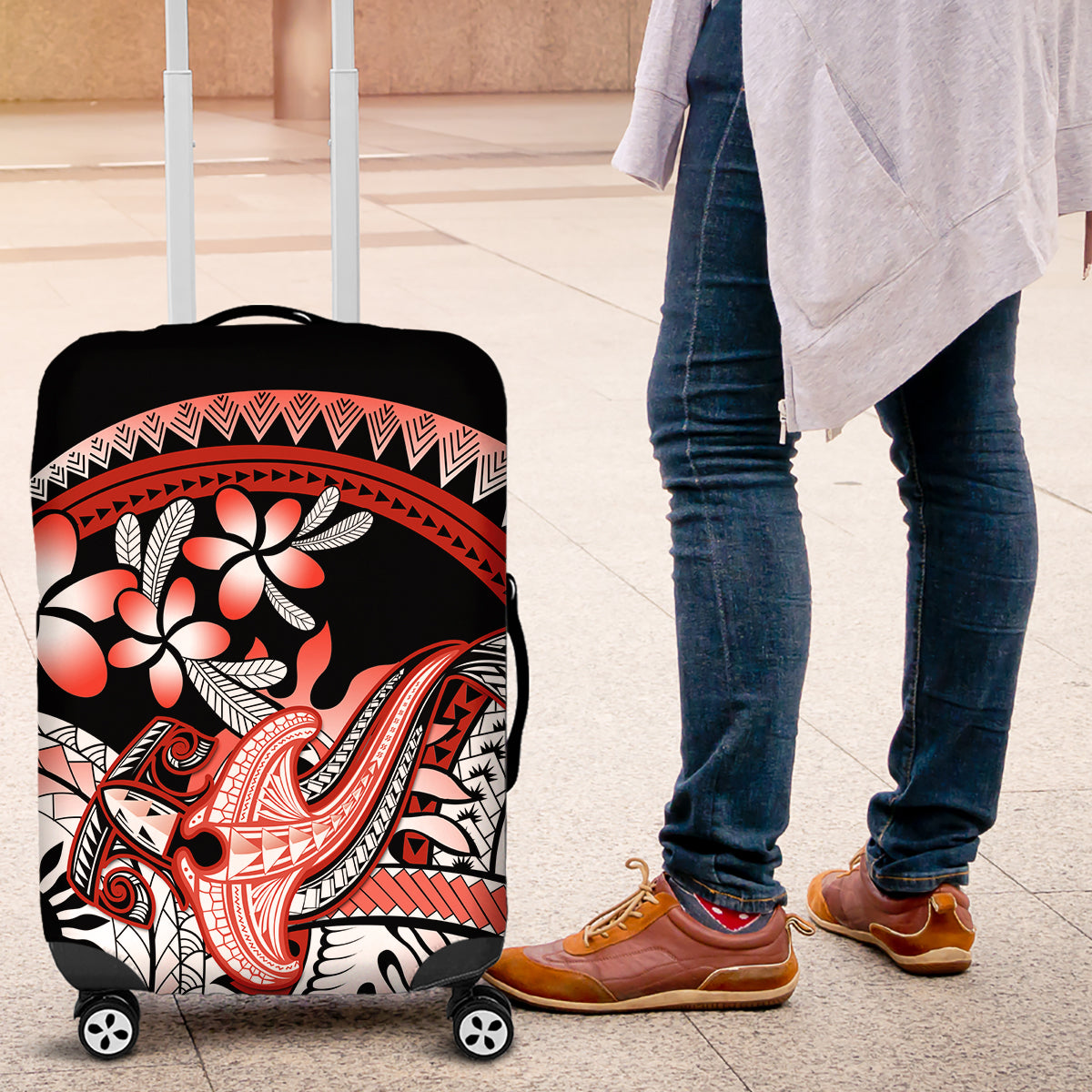 Red Polynesian Luggage Cover Hammerhead Shark Tattoo Royal Plumeria Gradient Vibes LT14 Red - Polynesian Pride