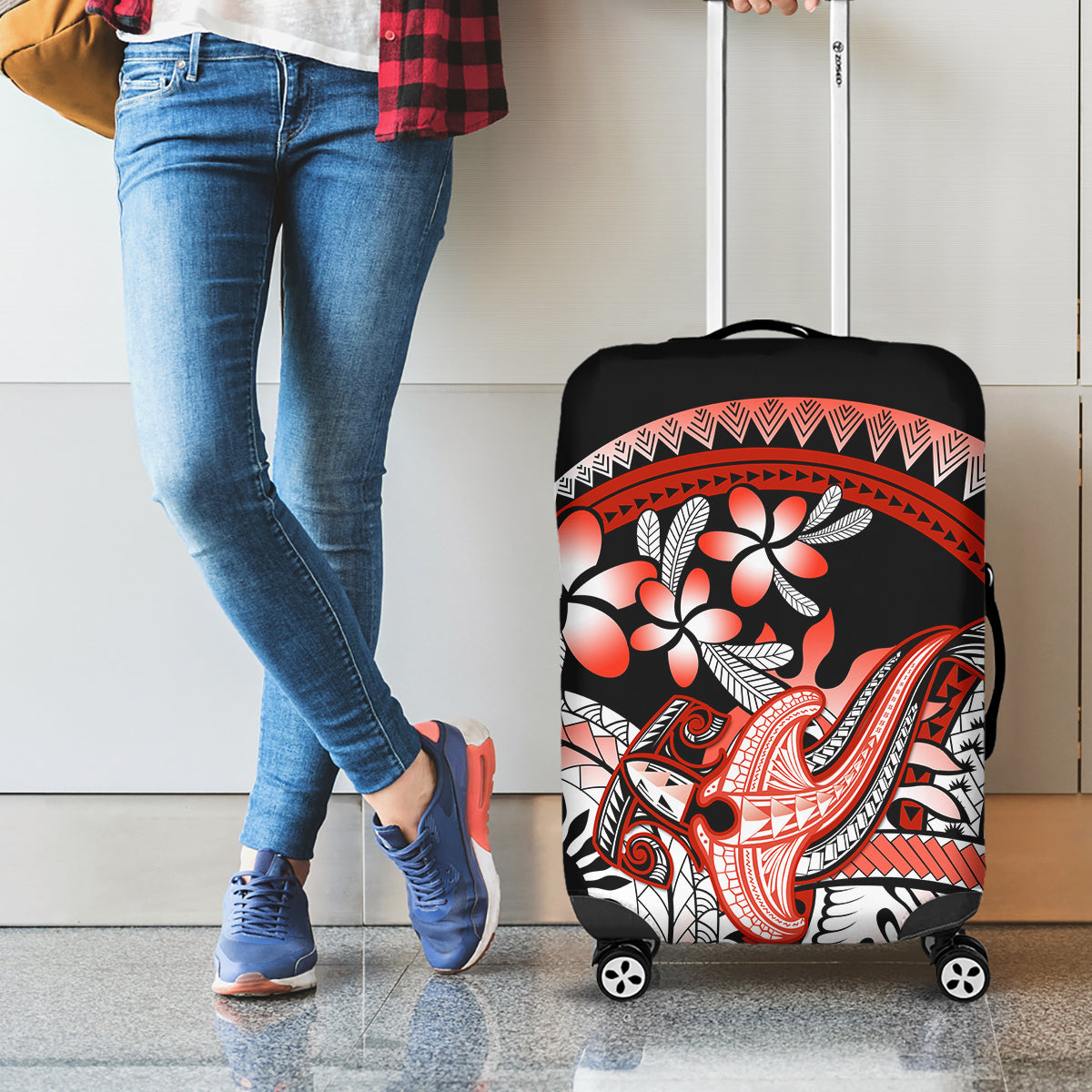 Red Polynesian Luggage Cover Hammerhead Shark Tattoo Royal Plumeria Gradient Vibes LT14 - Polynesian Pride