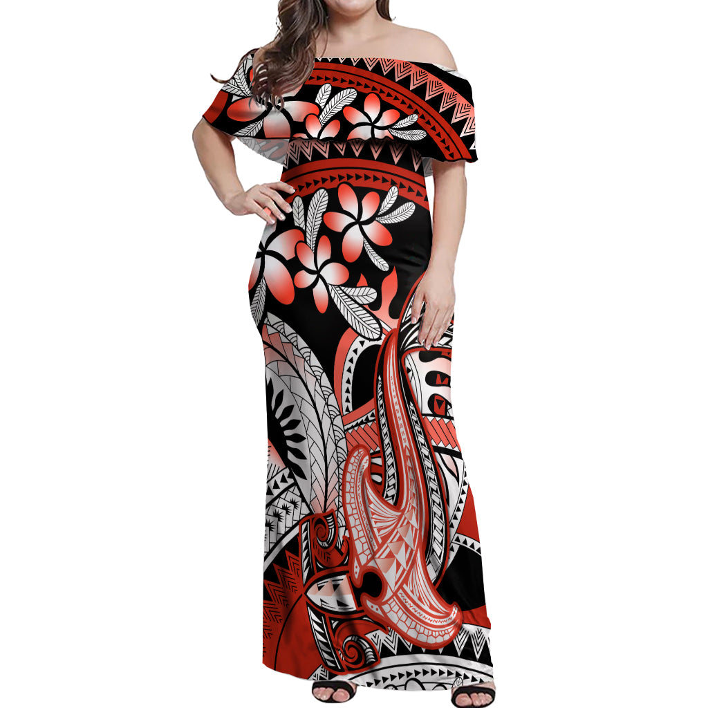 Red Polynesian Off Shoulder Maxi Dress Hammerhead Shark Tattoo Royal Plumeria Gradient Vibes LT14 Women Red - Polynesian Pride