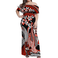Red Polynesian Off Shoulder Maxi Dress Hammerhead Shark Tattoo Royal Plumeria Gradient Vibes LT14 Women Red - Polynesian Pride